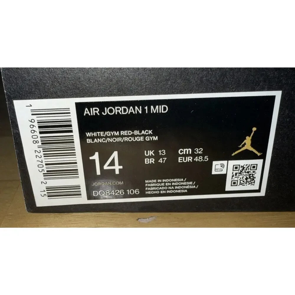 Size 14 - Jordan 1 Mid Black Gym Red DQ8426-106 White Red Black DS